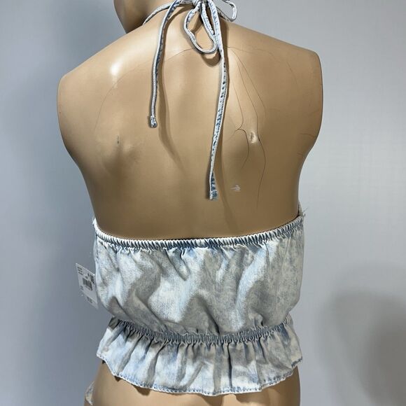 AMERICAN EAGLE Denim Chambray Halter Top High Neck Ruffle Peplum Tank Size M NWT - Picture 3 of 8